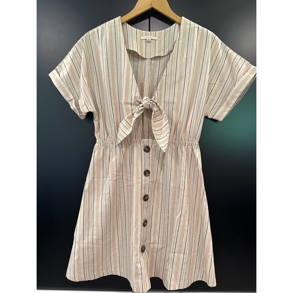 Le‎ Lis Women Striped Tie Front Button Down Mini Dress Beige Tan Cotton S YD2062